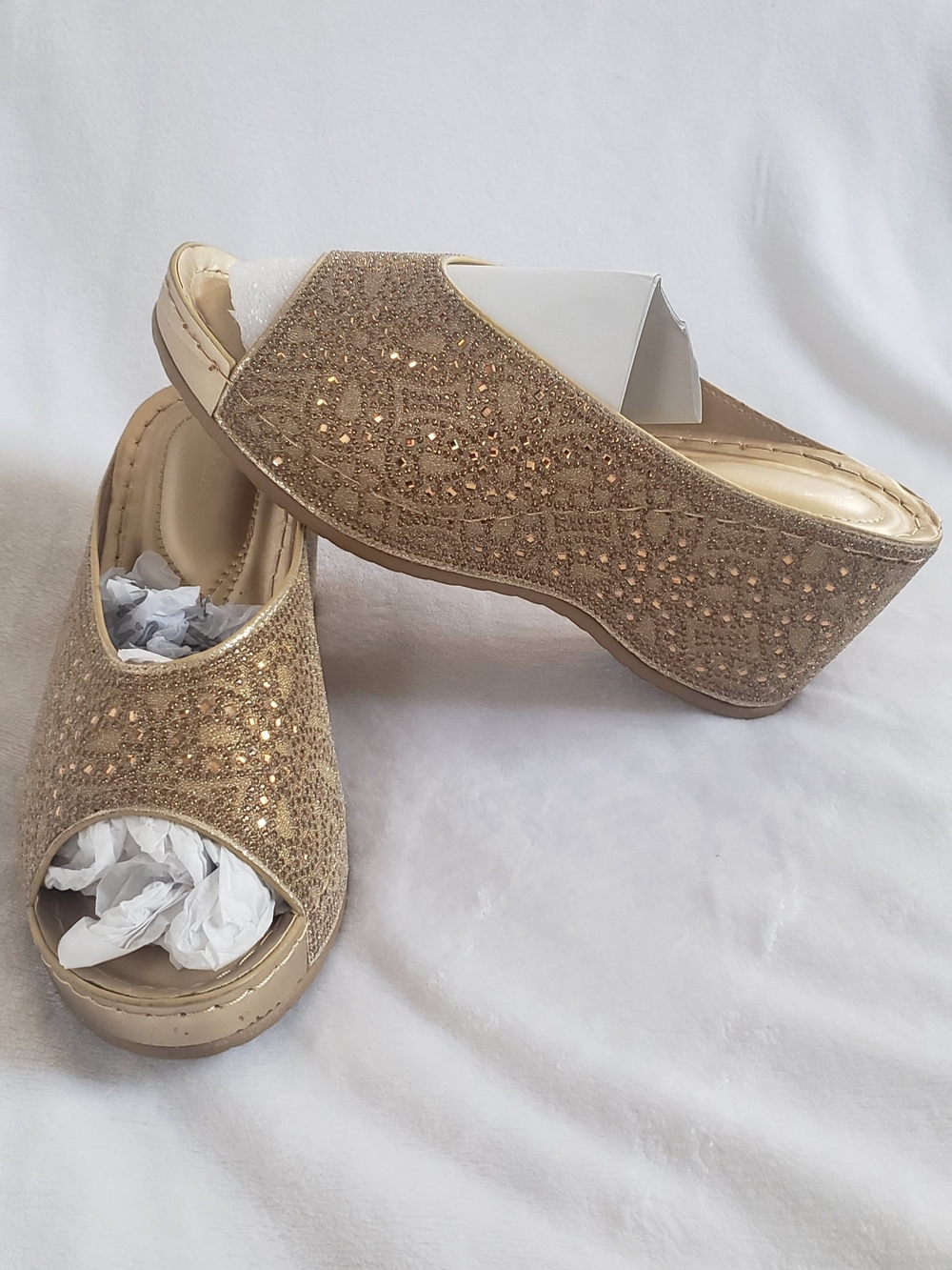 Women's Gold Glitter Wedge Mules - Slip-On Peep-Toe Clogs